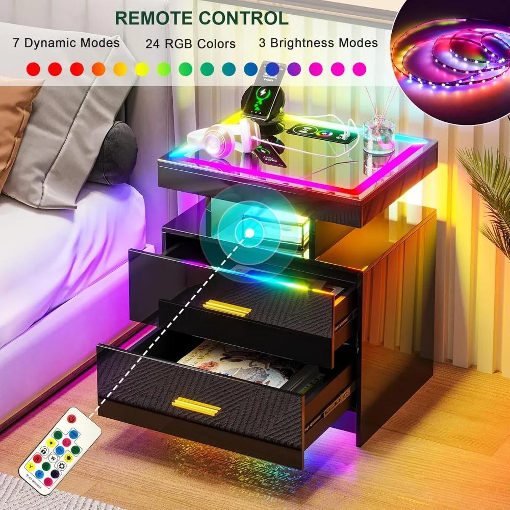 Juego de 2 mesitas de noche LED RGB, estación de carga inalámbrica y puertos USB, cajón y iluminación dinámica RGB, mesita de noche inteligente de alto brillo