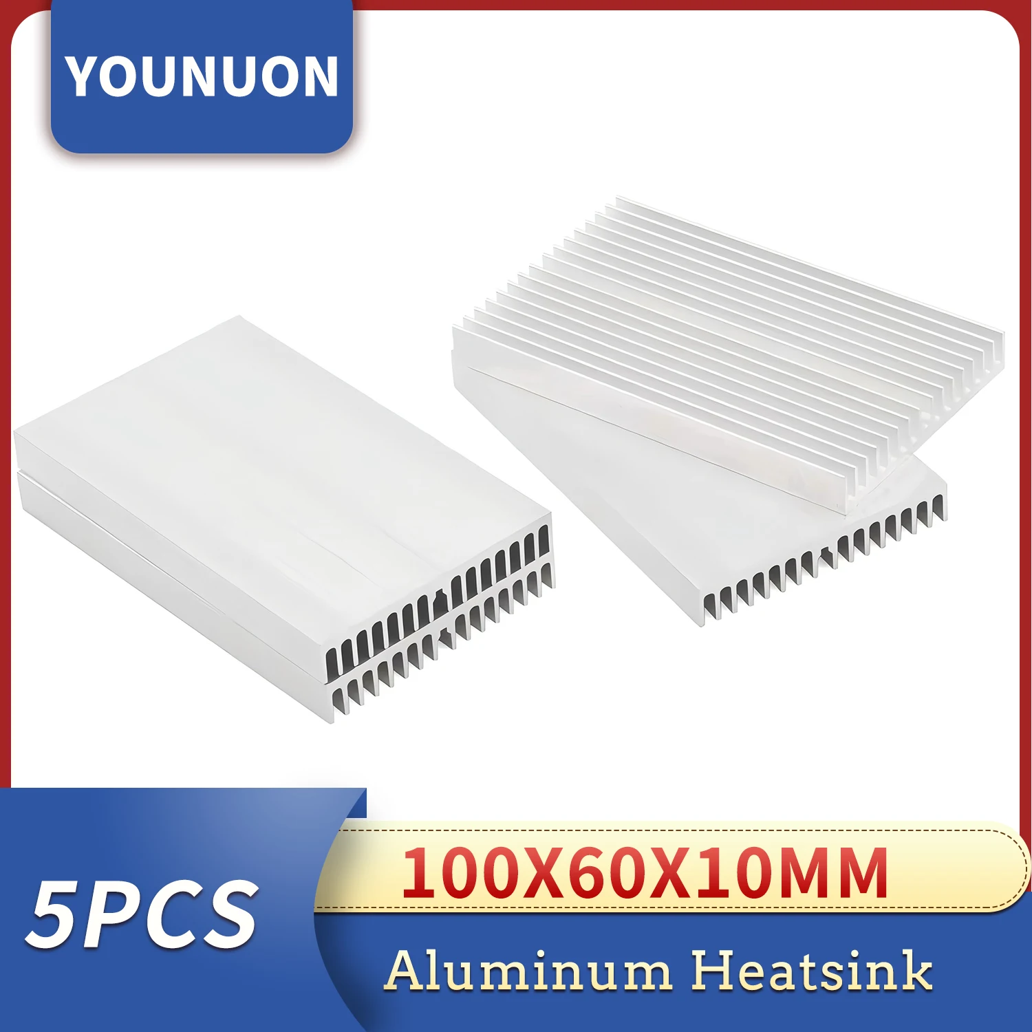 

5PCS YOUNUON 100x60x10mm Silver Tone Aluminum Cooler Radiator Cooling Heat Sink Heatsink Power Cooling Heat sinks