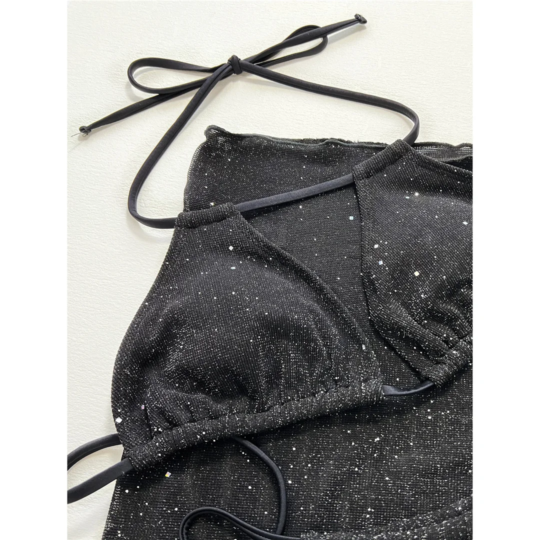 Glitzernder, schillernder Bikini mit Sarong-Oberteil, Damen-Badeanzug, dreiteiliges Bikini-Set, Badebekleidung, Badeanzug, Modell V4669. – Detail 26