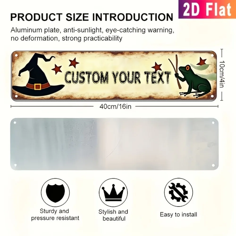 Custom Witch Frog Halloween Metal Tin Sign 16x4 Inch Wizard Hat Wand Weatherproof Wall Decor