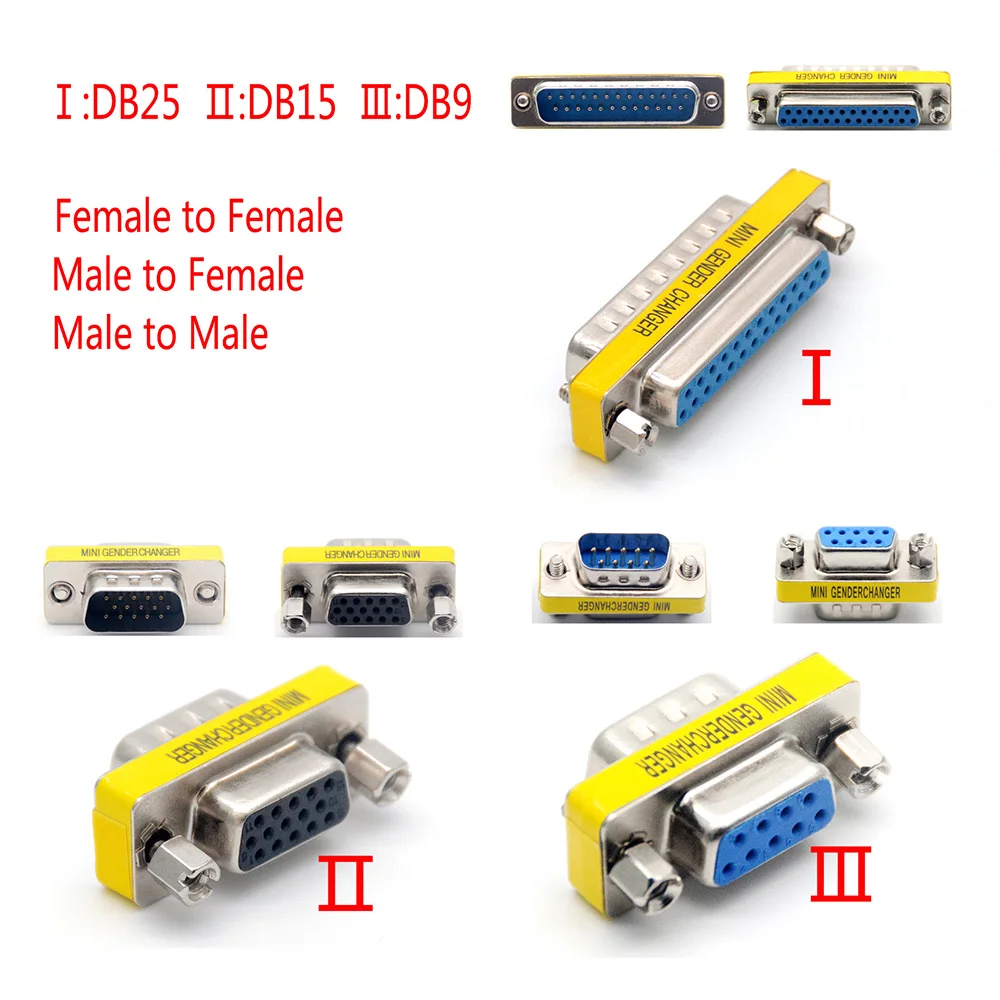 D-SUB DB9 DB15 DB25 9/15/25 Pin męski/żeński na męski/żeński Port RS232 Com VGA Złącze M-F M-M F-F Mini Adapter zmiany płci