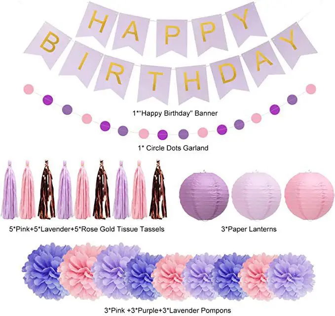 Purple-pink birthday decoration set Happy Birthday banner paper lantern paper flower ball wafer stream Ms. Su party