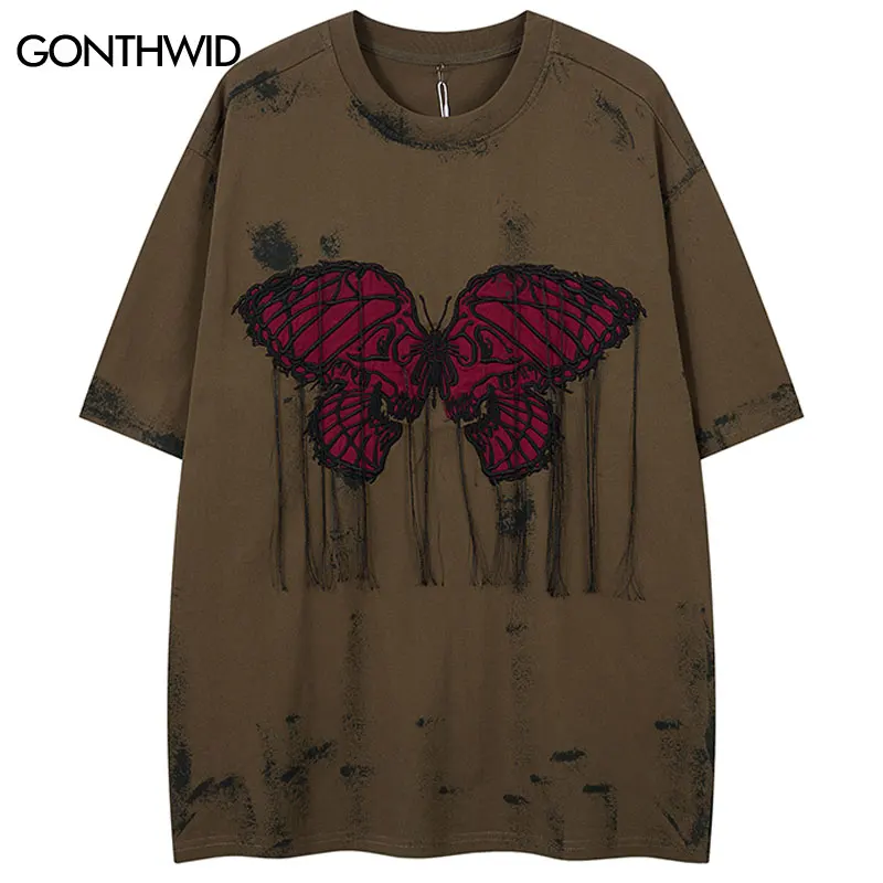 

Hip Hop Oversize T-Shirt Y2K Grunge Embroidered Butterfly Tassel Tie Dye Streetwear Tshirt Harajuku Punk Gothic Casual Baggy Top