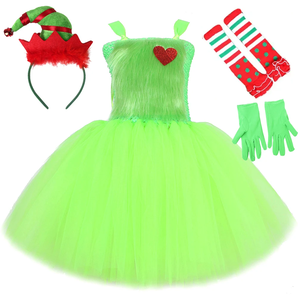 Green Monster Grinch Costumes for Girls Christmas Tutu Dress with Hat Bow Gloves Socks Kids Xmas Carnival Party Cosplay Outfits