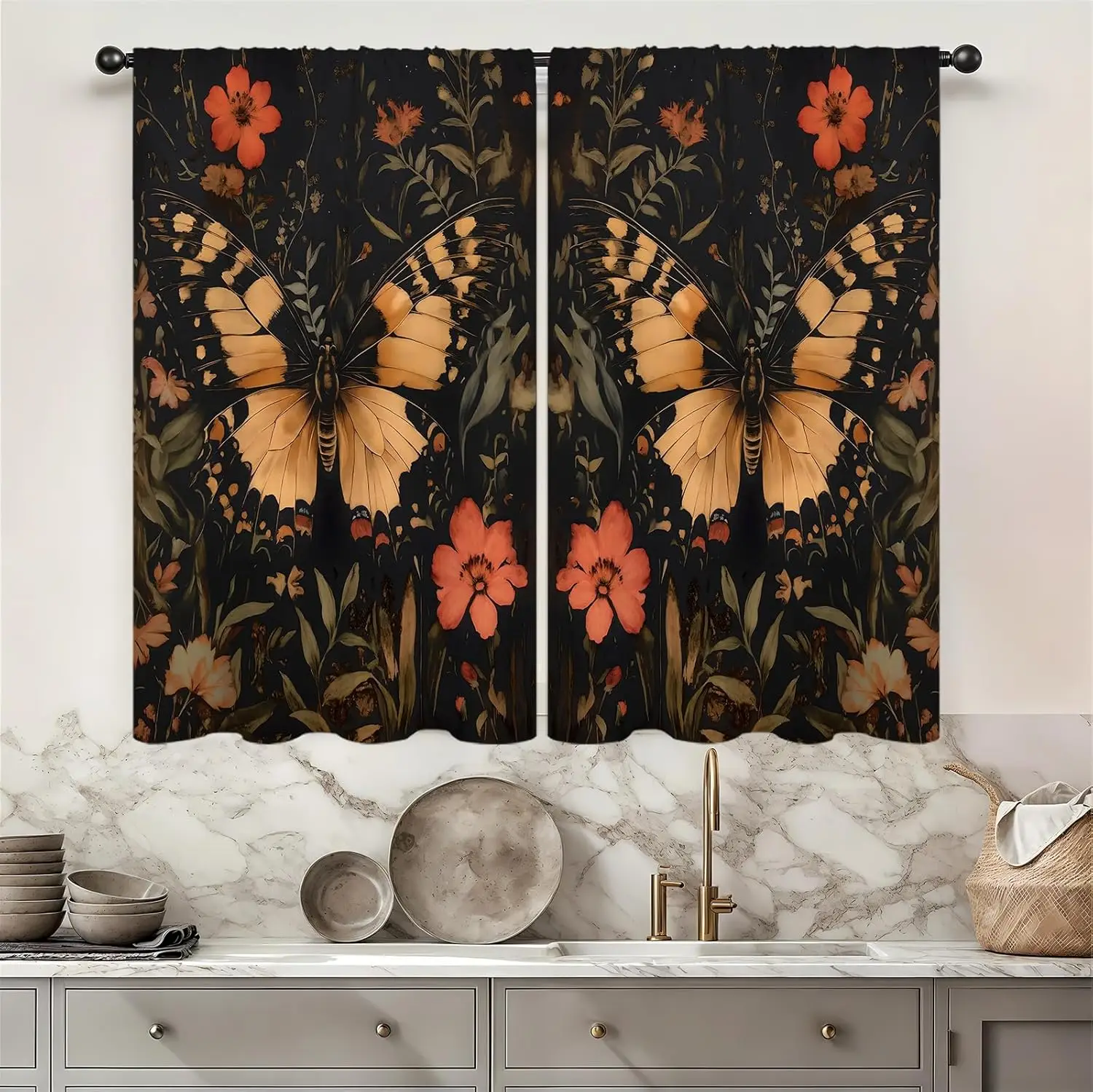 Butterfly Floral Kitchen Curtains 2 Panels Dark Black Flower Vintage Aesthetic Watercolor Botanical Small Short Cafe Tier Leaf