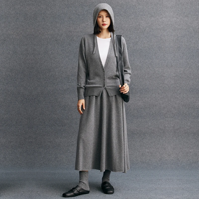 Ladies' Matching Set 100% Cashmere V-Neck Cardigan Jacket, Casual Knitted Loose Skirt Pocket Two-Piece Set, Fashionable