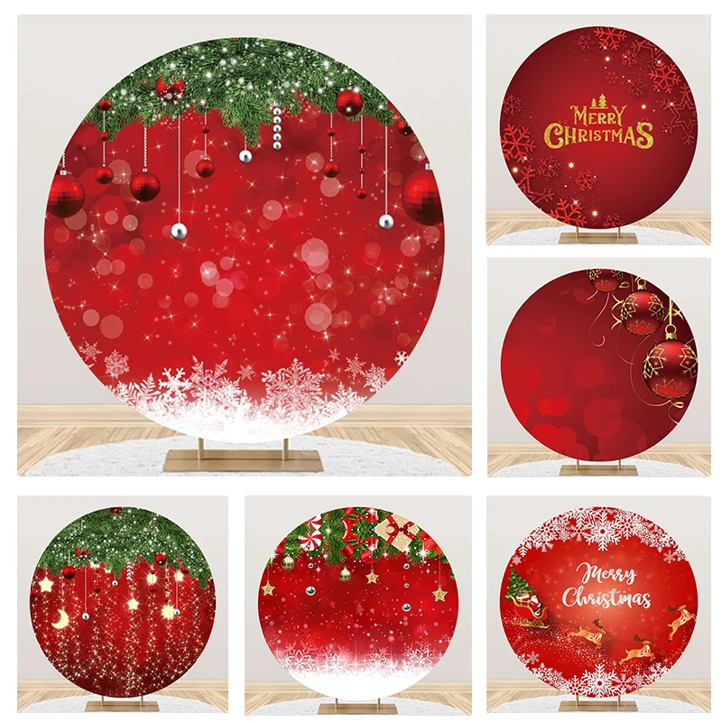 Laeacco Red Christmas Round Backdrop Dream Light Bokeh Snowflake Xmas Ball Kids Birthday Girls Portrait Photography Background