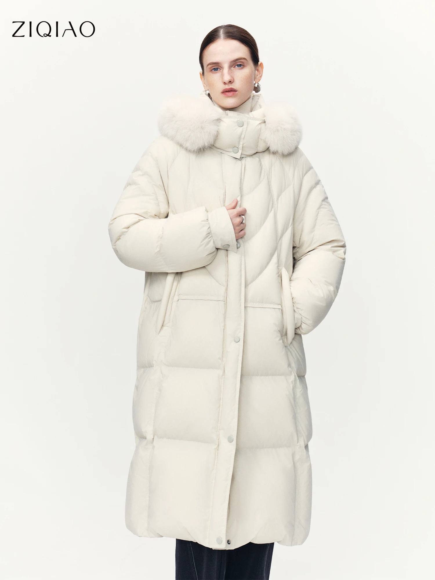 

ZIQIAO Short Stature Women's White Duck Down Collar Hooded Long Down Jacket 2025 Winter New Arrival 90% Down Content Coats