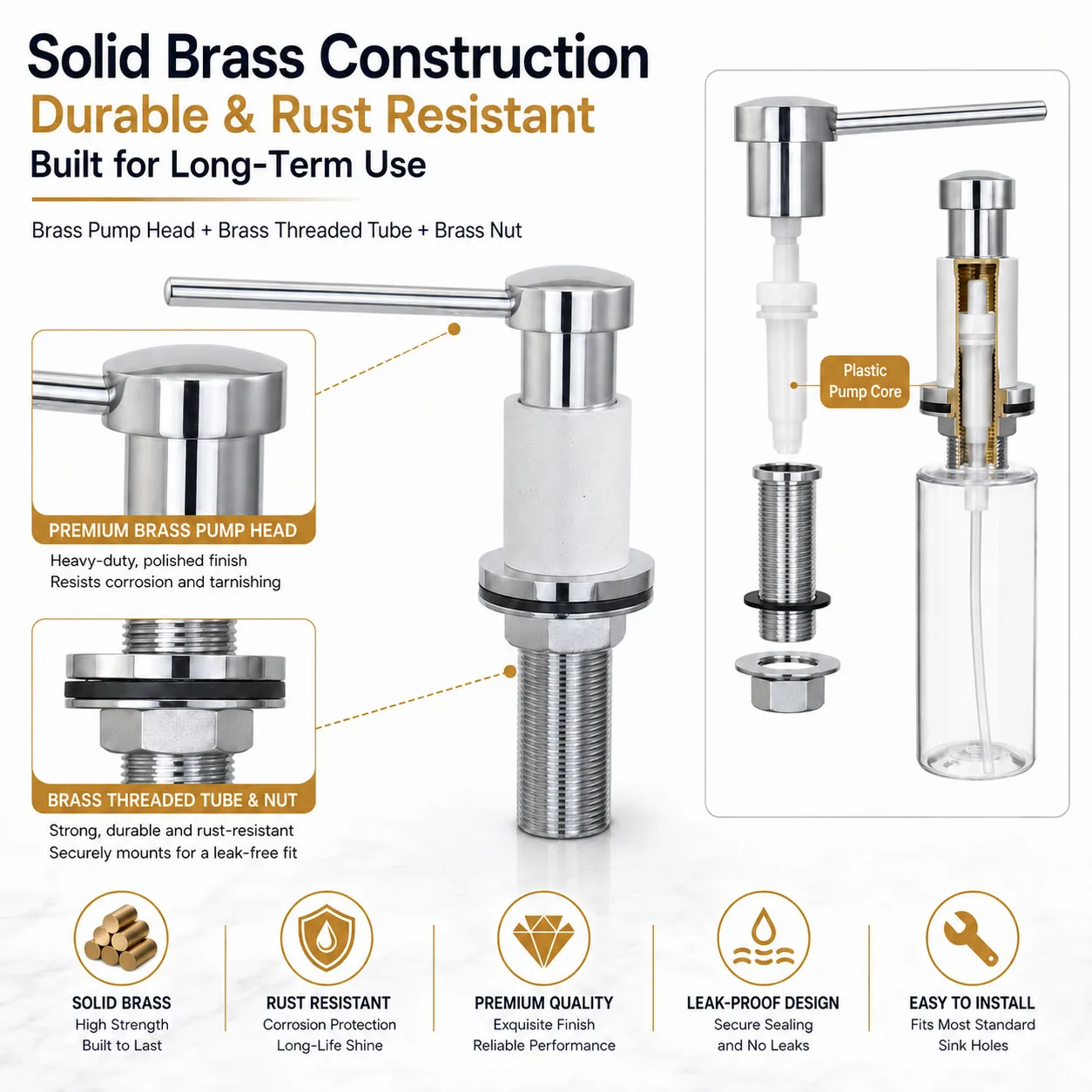 Brass Kitchen Sink Soap Dispenser with 17oz Bottle and 120mm Extension Tube Chrome Top Refill Pump