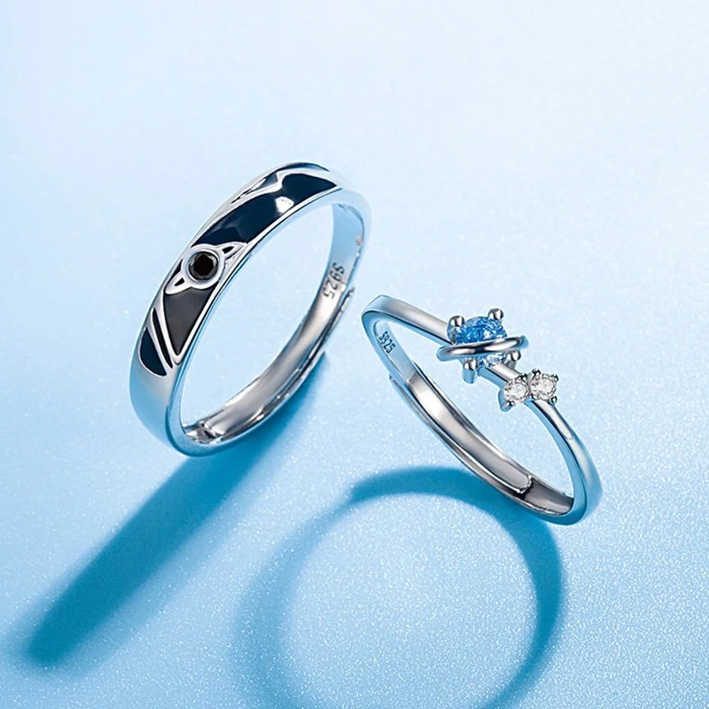 Trumium Solid 925 Sterling Silver Blue Zircon Planet Couple Open Rings For Women Men Original Girlfriend Jewelry Romantic Gift