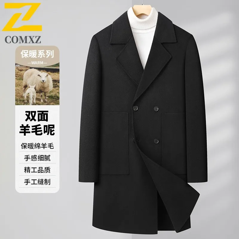 COMXZ Men Wool Blend Overcoat 2025 Trendy Travel Mid Length Cashmere Coat  Autumn Winter Thickened Warm Casual Trenchcoat