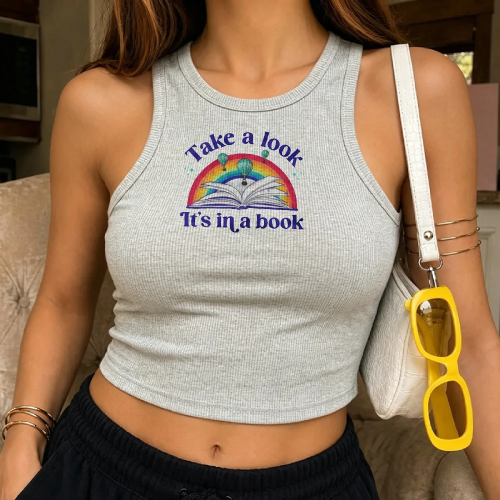 Women Take A Look It's in A Book Rainbow Hot Air Balloon Print Camisole Ribbed Tank Top Crop Y2K Top Crew Neck Slim Cropped Vest