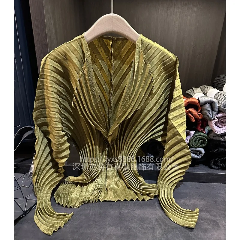 

Miyake плиссированная куртка премиум-класса, осень 2023, новая простая однотонная женская куртка в полоску с длинными рукавами и лацканами без пуговиц, пригородная куртка