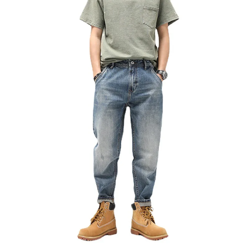 High quality long baggy jeans for men plus size stone wash cotton denim vintage casual trousers new 2024 clothing - blue