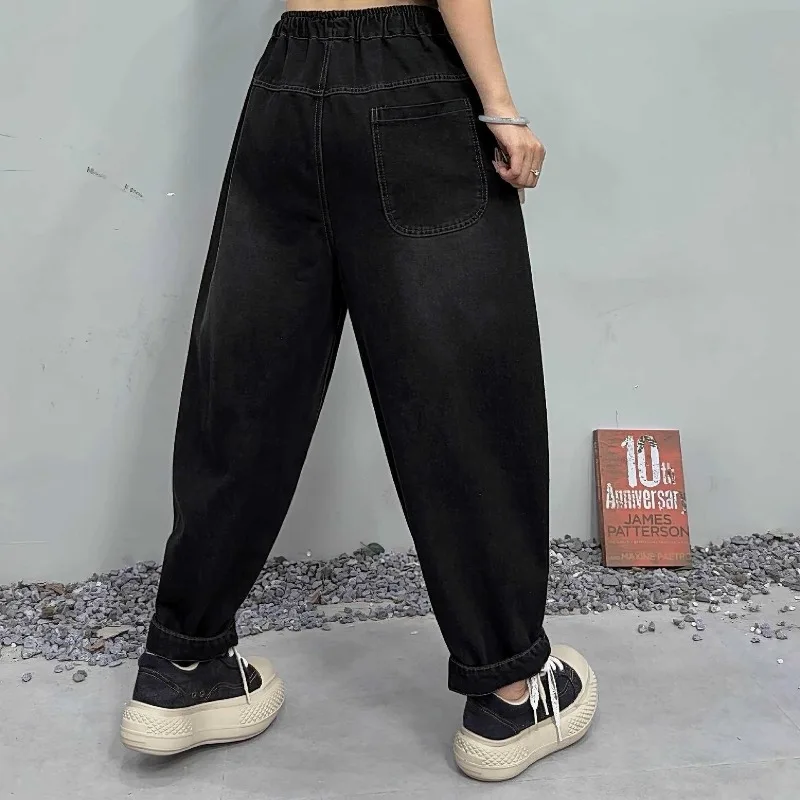 

2026Autumn New Mickey Cartoon Print Jeans Women Loose Elastic Waist Versatile Cropped Harem Pants Artistic Casual Denim Trousers