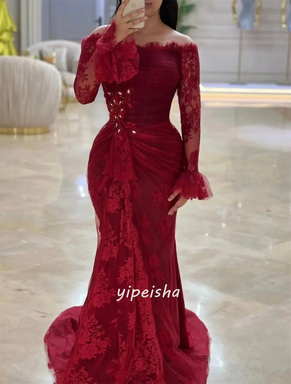 Customized High Quality Intricate Lace Handmade Flower Ruched Mermaid Off-the-shoulder Long Dresses Bespoke Occasion Dresses