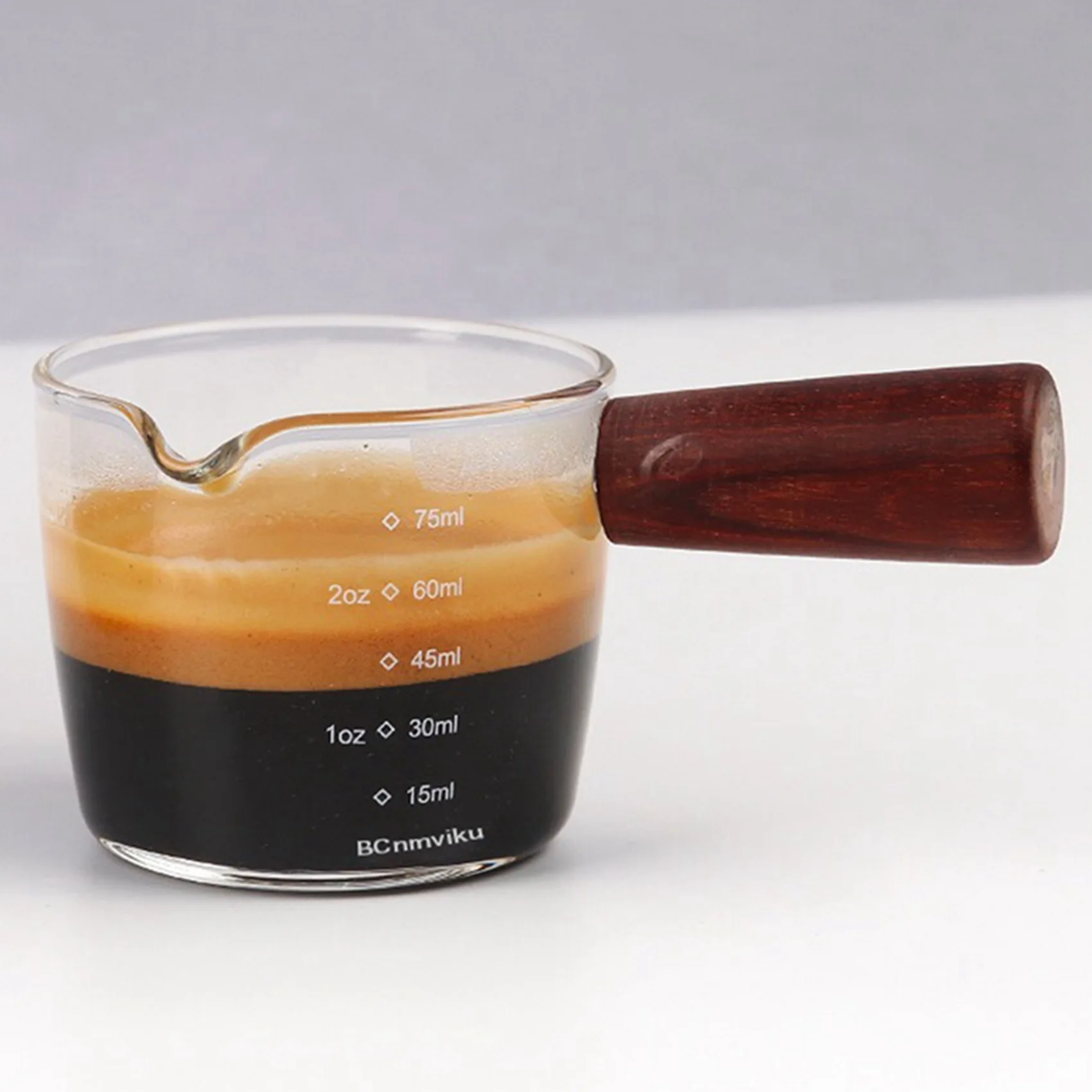 BHTS-3X Glass Measuring Cup Espresso Shot Glass 75ML Triple Pitcher Barista Single Spouts With Wood Handle