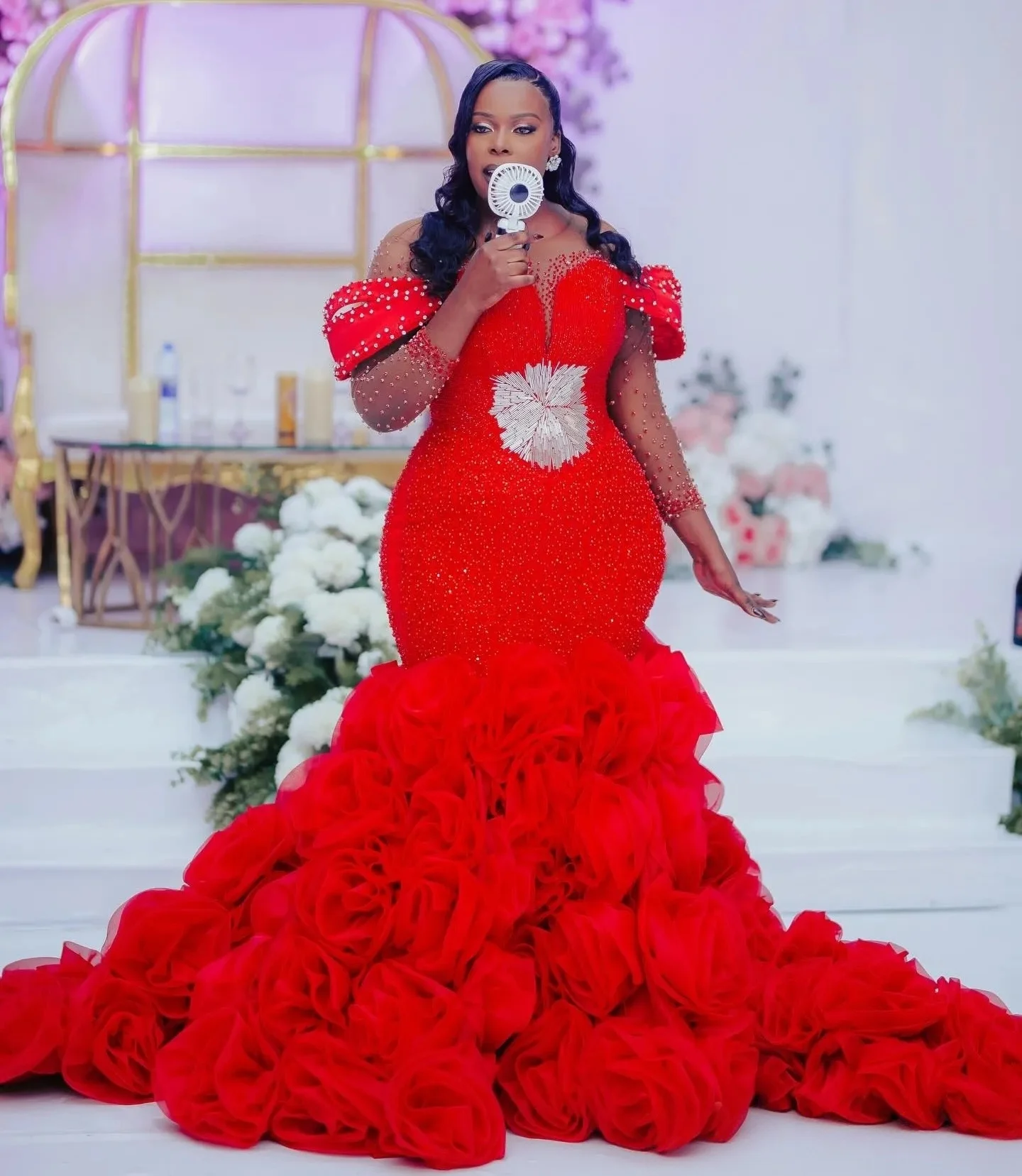 Red Long Sleeves Prom Dresses For Black Girls Luxury Beaded Nigerian South African Evening Gowns Birthday Party Customized