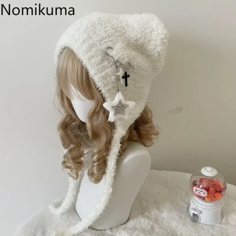 Y2K Cute Star Knitted Beanie Hat Ins Cute Japanese Gorras Knitting Wool Warm Cap Autumn Winter Cat Ears Pointed Women Hats