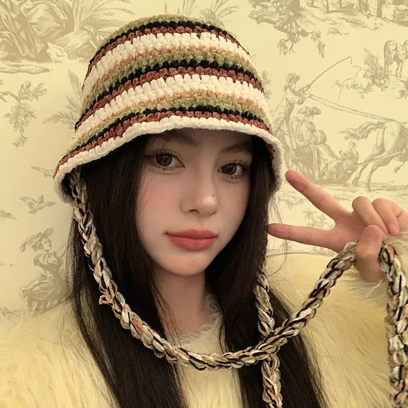 

Colorful Striped Hand Knitted Fisherman's Hat Ladies Autumn and Winter Outdoor Warm Tie Braid Basin Hat