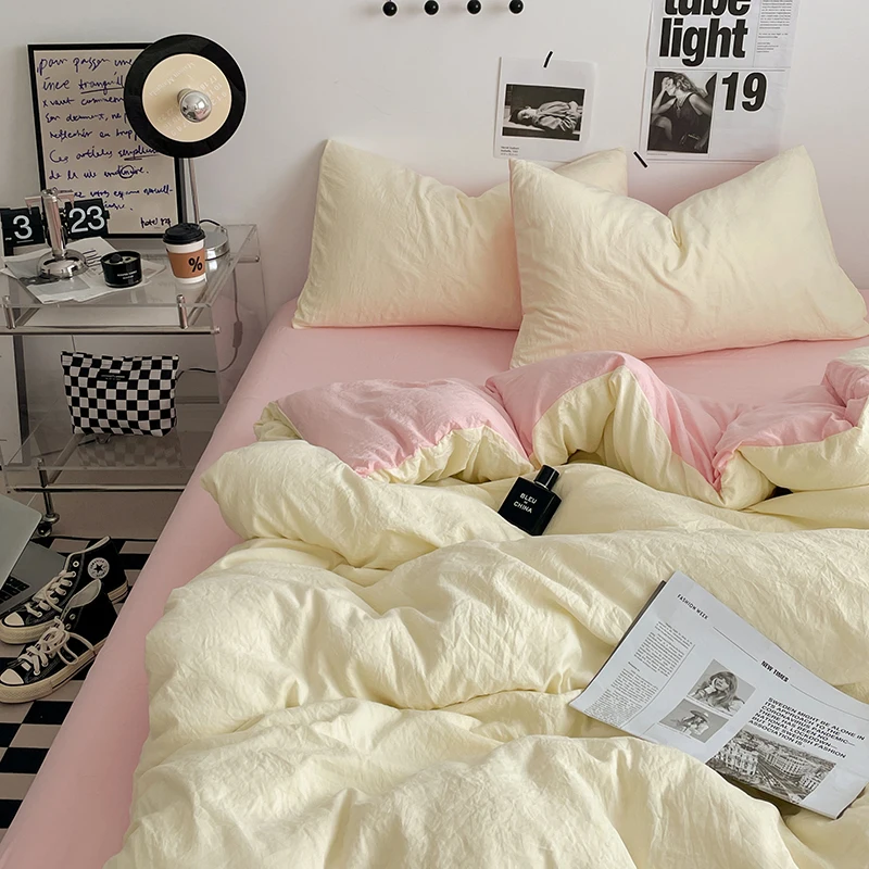 

Korean INS Cream Style Pink Bedding Linen Solid Color Soft Bed Flat Sheet Pillowcase Adults Girls Washed Cotton Duvet Cover Set