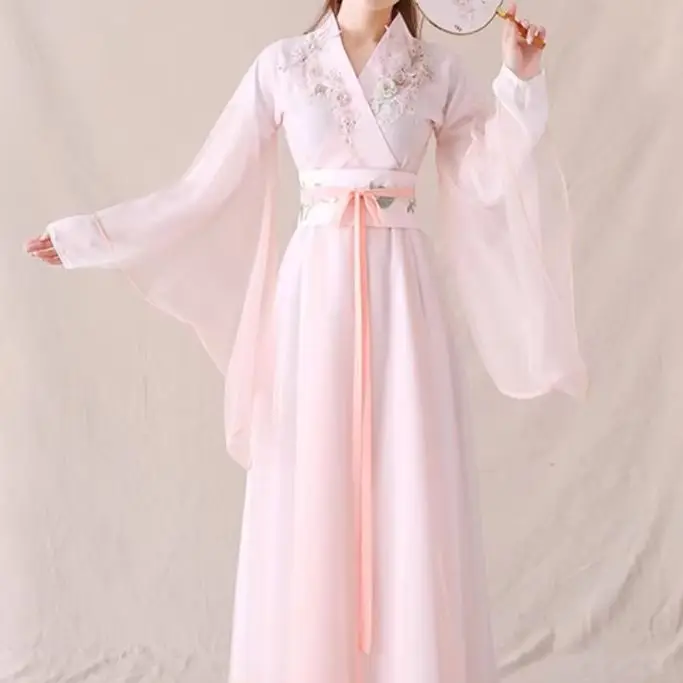 

Элегантная розовая женская блузка и юбка Hanfu, свежая фея с широкими рукавами, оригинальные древние костюмы для выступлений на осень