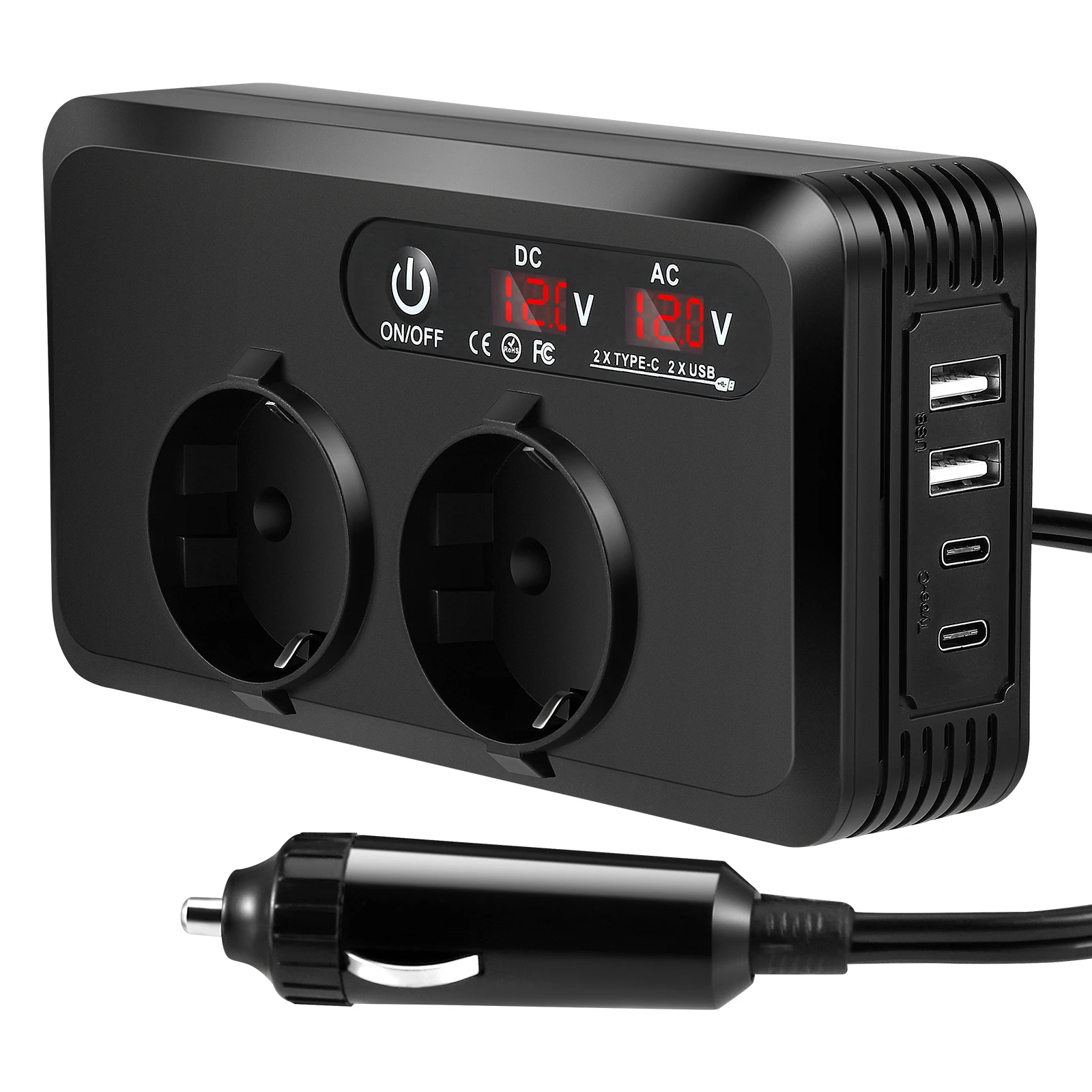 Universal 7-in-1 USB-C Inverter 200 W Voltage Converter Power Converter With 2 Car Sockets 10 A Cigarette Lighter Distributor