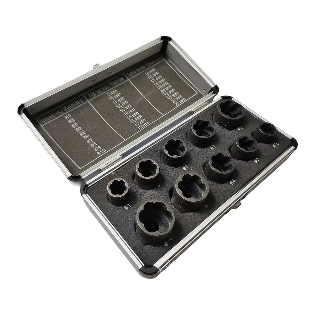 10 Pc Broken Fastener Socket Set Designed for Damaged Rounded or Rusty Bolts Nuts Works with Hand Tools and Power Systems