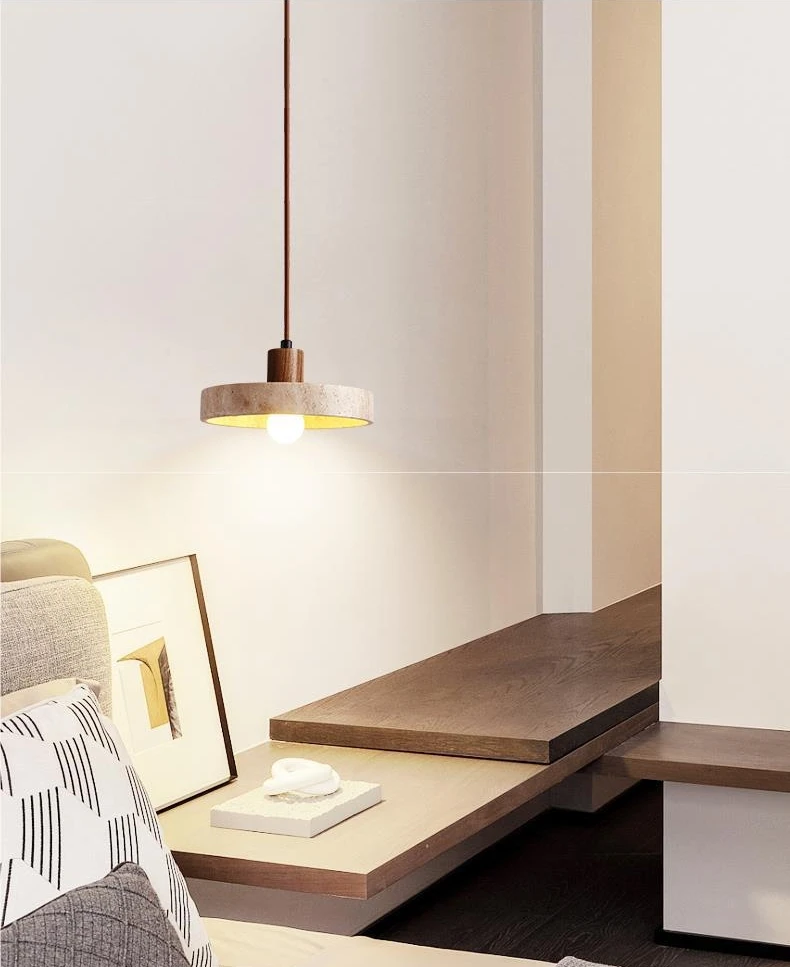 Natural Stone Pendant Light with E27 Bulb Travertine Hanging Lamp Ceiling Suspension for Kitchen Living Dining Room Bedroom