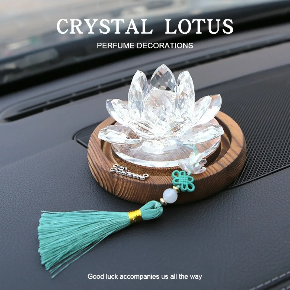 Good Luck Lotus Crystal Car Ornament Realistic Chinese Style Car Center Console Ornament Wooden Base with Tassels