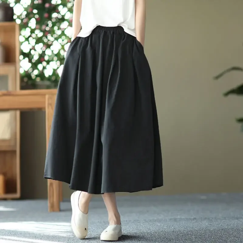 A-line Solid Color Literary Large Skirt Elegant Long Skirts Summer Woman 2023 Preppy Style Japanese Fashion Women Clothing Y2k