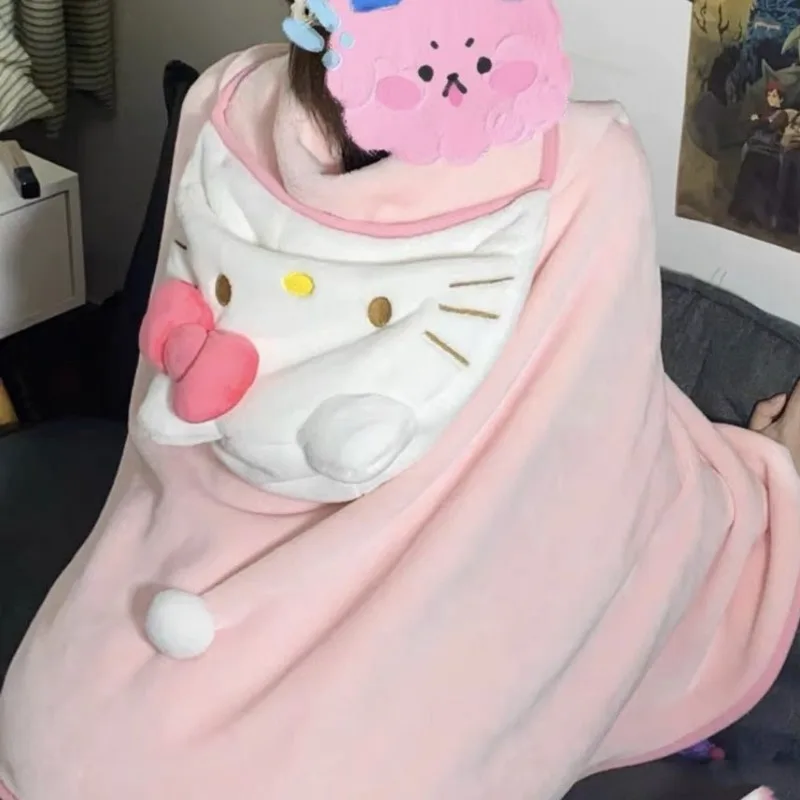 Sanrio Cloak Hellokitty Air Conditioning Plush Blanket Hooded Cute Cloak Student Dormitories Office Blanket Shawl