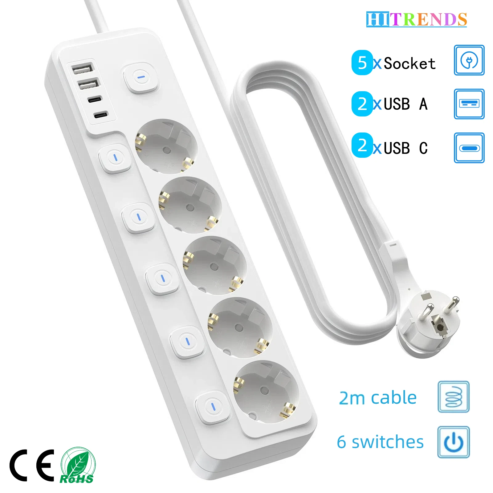 

Электрическая вилка с 5 розетками переменного тока, 2 USB A и 2 портами USB C. Независимый переключатель, кабель 2 м, подходит для домашнего офиса.