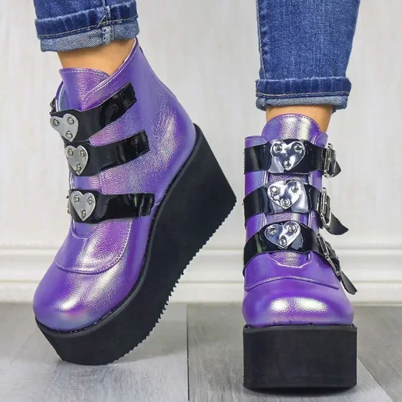 Women Ankle Boots Platform Wedge Super High Heel Metal Heart Laser Female Pumps Ladies Belt Round Toe Lolita Punk Harajuku Shoes