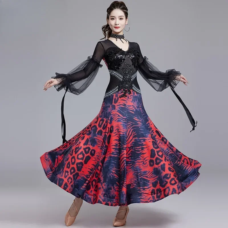 customized national standard dance dress competition showcased modern waltz social dance diamond studded leopard print dress