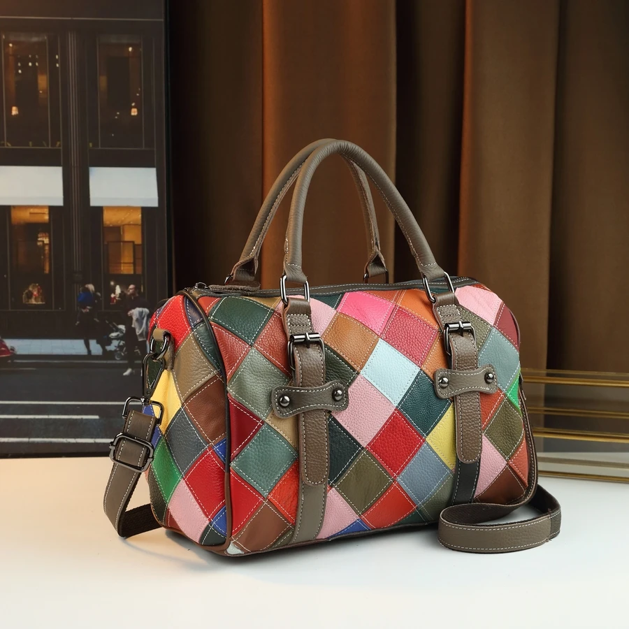 

New Fashionable Leather Handbag Color Block Casual Versatile Single Shoulder Slant Cross Boston Bag Travel Large Capacity Bag