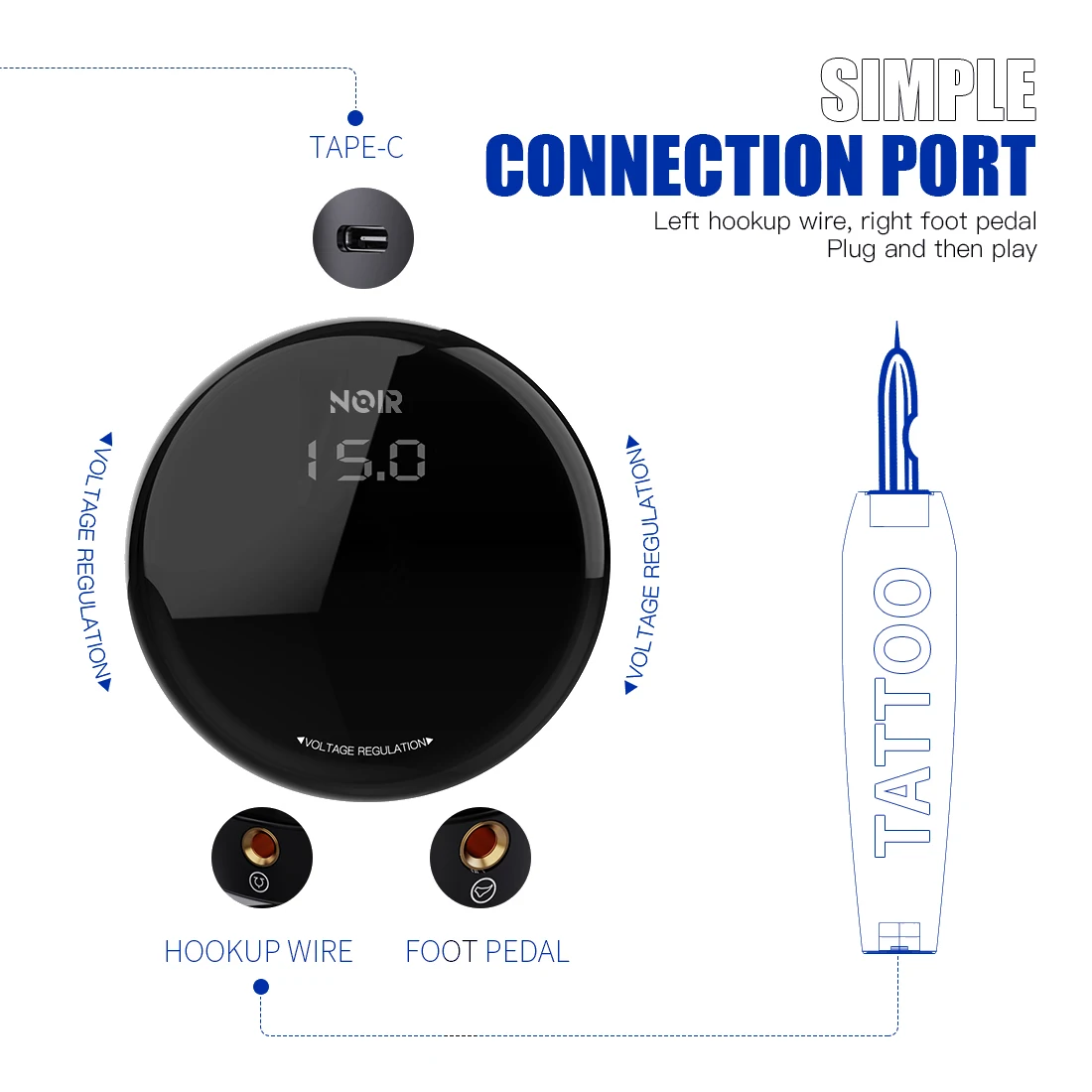 Noir Tattoo Power Supplies Round OLED Display Digital Branco Sem Necessidade Pedal Para Bobina Rotary Tattoo Pen Máquina de maquiagem permanente