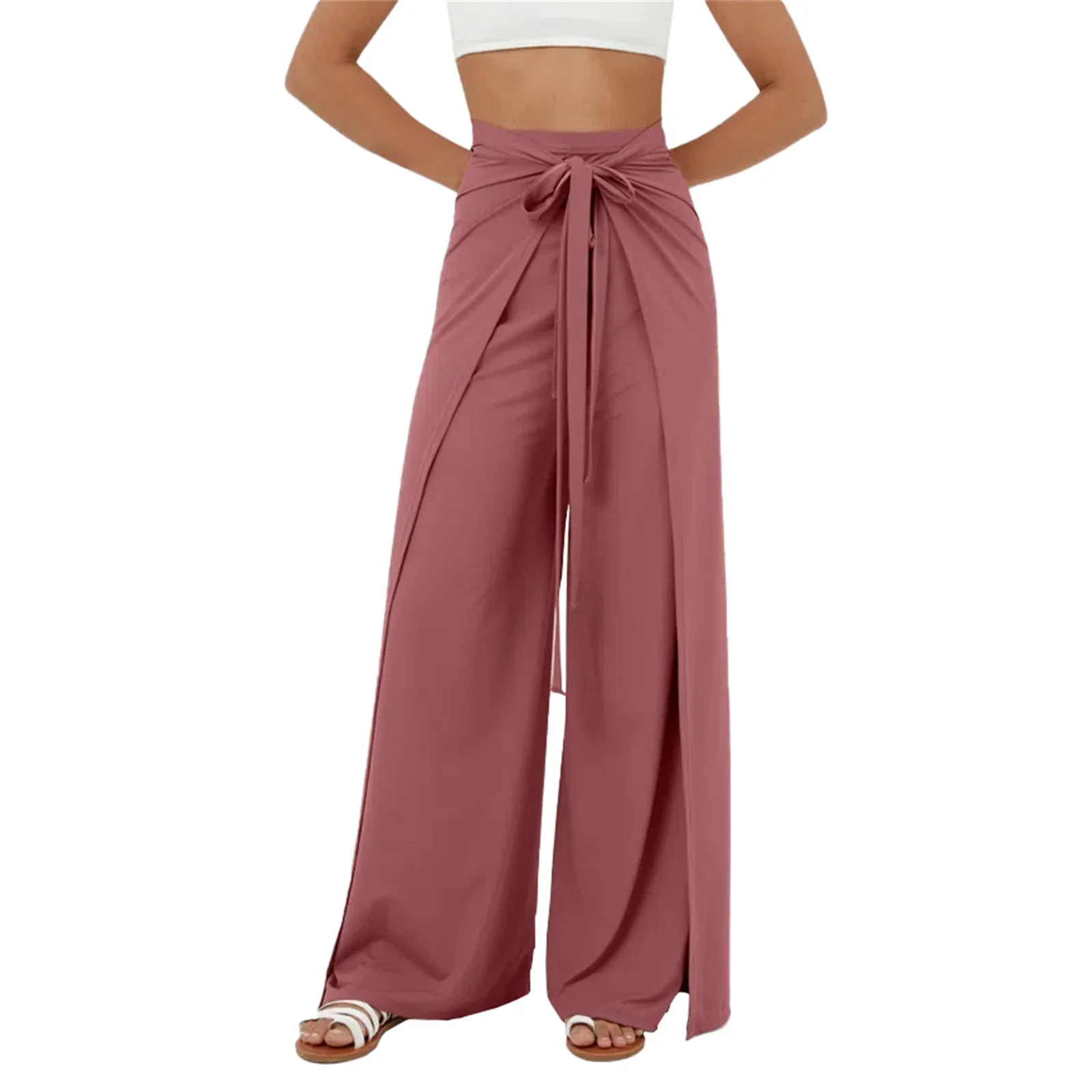 High-Waist Belt Slit Wide-Leg Quick-Drying Casual Pants Yoga Wide-Leg Pants Side Slit Summer Casual Wide-Leg Pants Pantalon