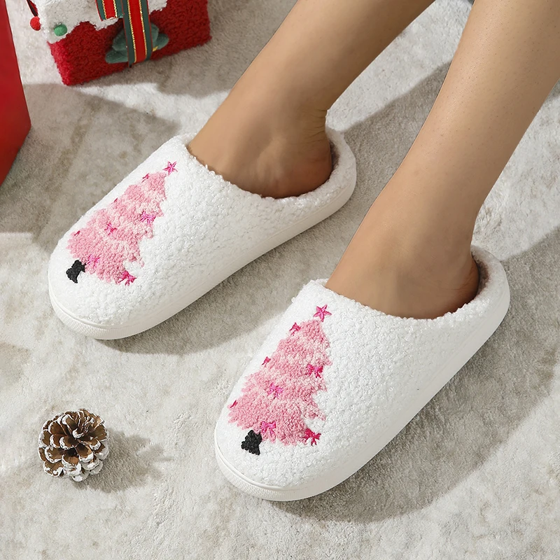Christmas Tree Fluffy Slide Slippers Ladies Soft Plush Winter Home Footwear Party Gift for Girls Holiday Xmas Indoor Women Shoes