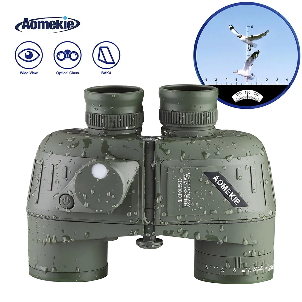 Marine Binoculars 10x50 Waterproof Binoculars with Rangefinder Compass BAK4 Prism FMC Lens for Birdwatching Hunting Boating