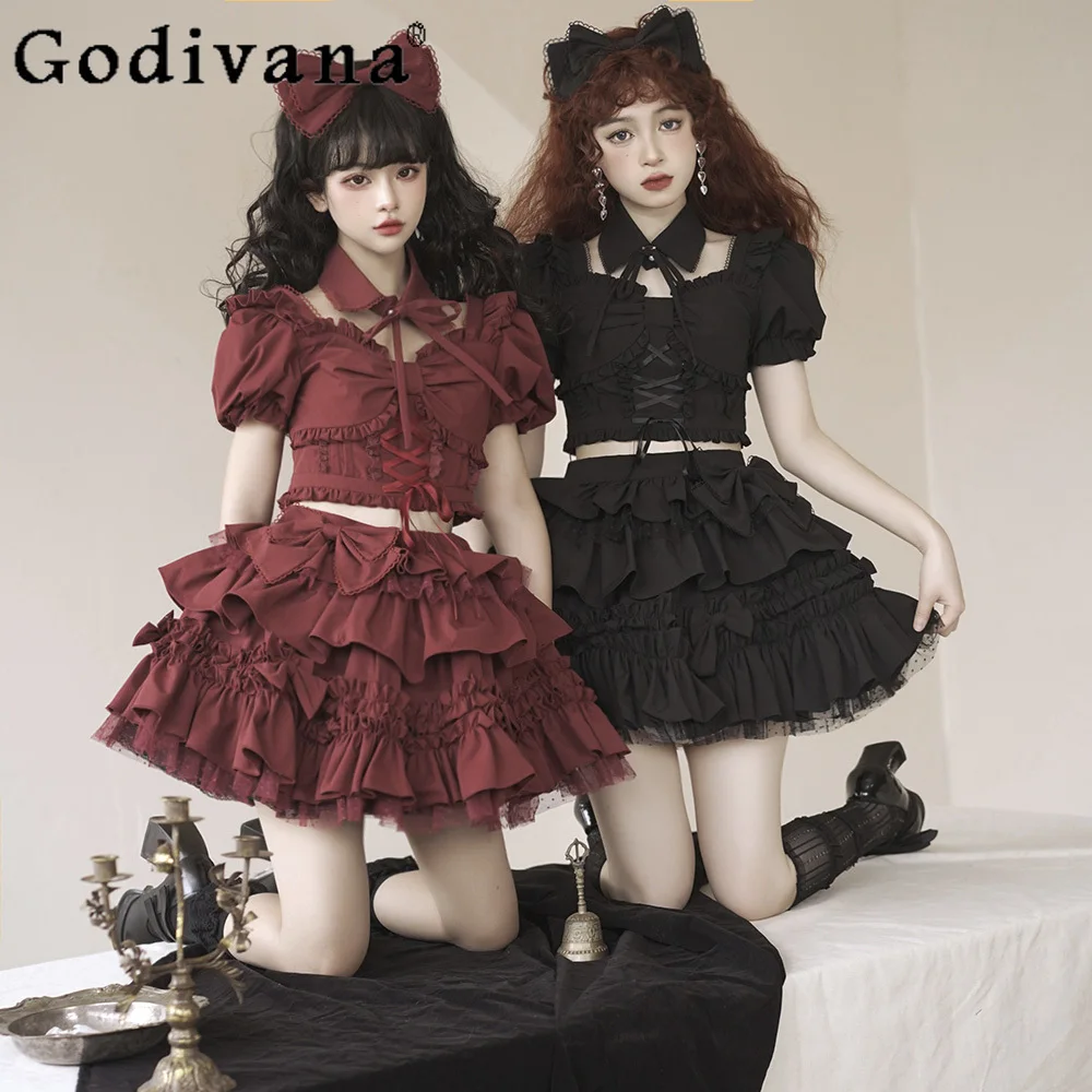 

Original Singing Clothes Split Clothes Women's Red Lolita Gothic Sweet Girls Short Shirt Top + Skirt 2 Piece Set Lolita Outfits
