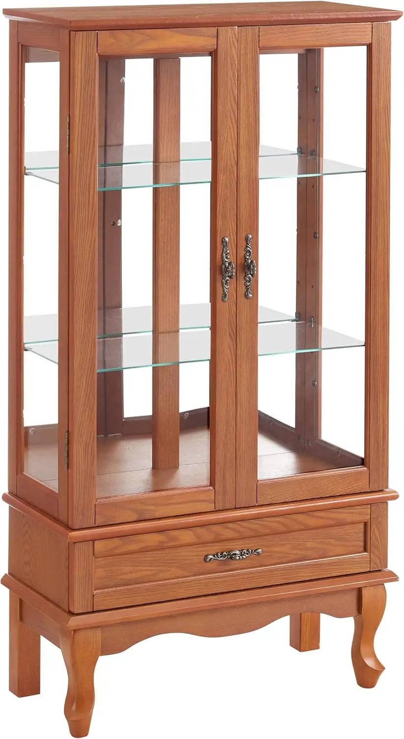 Storage Cabinet,Lighted Glass Display Cabinet Free Standing Cabinet With 2 Doors & 1 Drawer Accent Cabinet Glass Storage