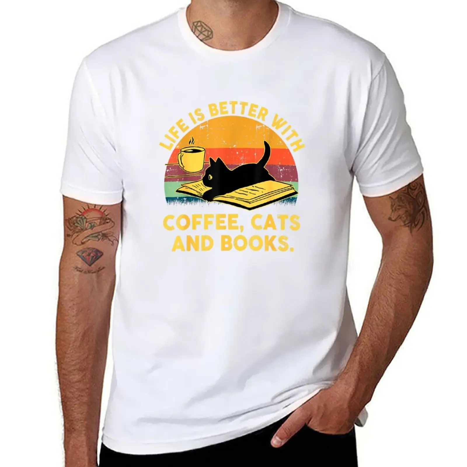 

Life is better with coffee cats and books T-Shirt black cotton t-shirt plain for man package cotton tshirt 100% T-Shirt