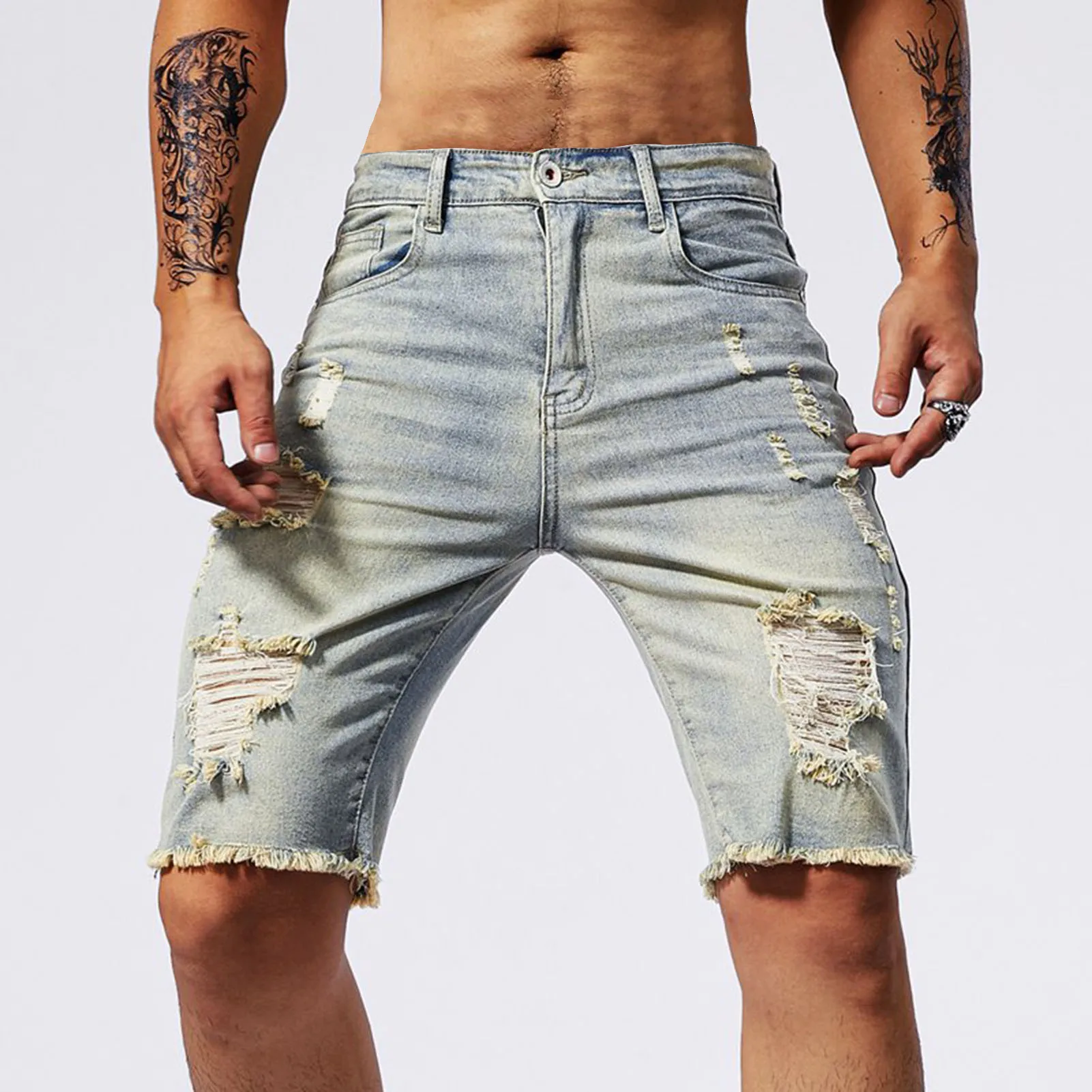 Patchwork Color Denim Shorts Summer Men\'s Denim Shorts with Multiple Pockets Baggy Ripped Jeans Streetwear Style for Casual Wear