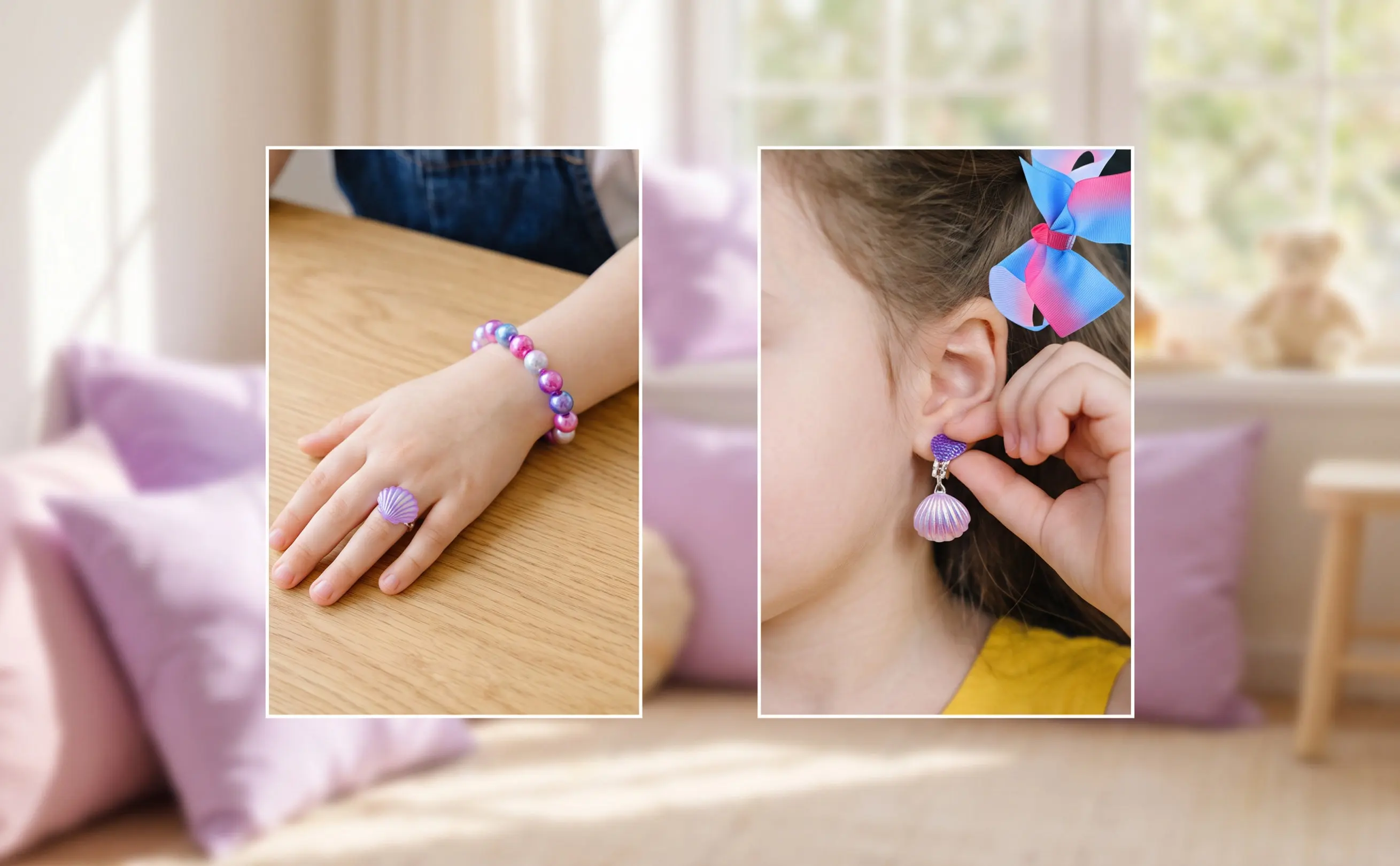 1Set Children Jewelry Set Mermaid Shell Theme Girls Necklace Bracelet Ring Ear Clip Pendant Comfortable Tentacles Design Daily
