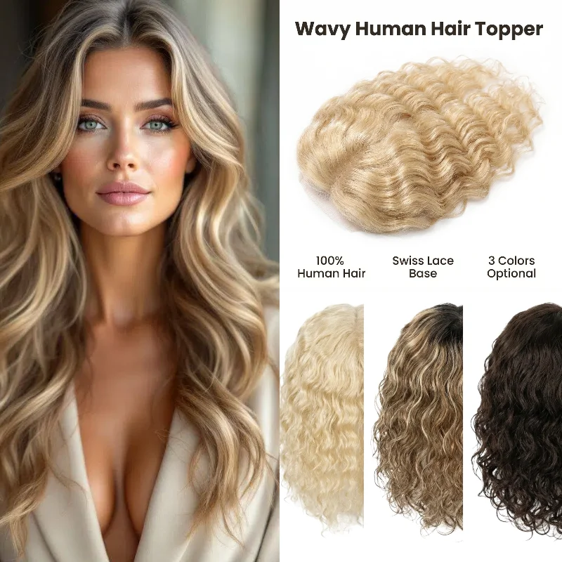 Custom Hand Made 100% Human Hair Topper Full Swiss Lace Long Curly 45cm Clip-in Hair Extensions | Deep Wave Dropshipping