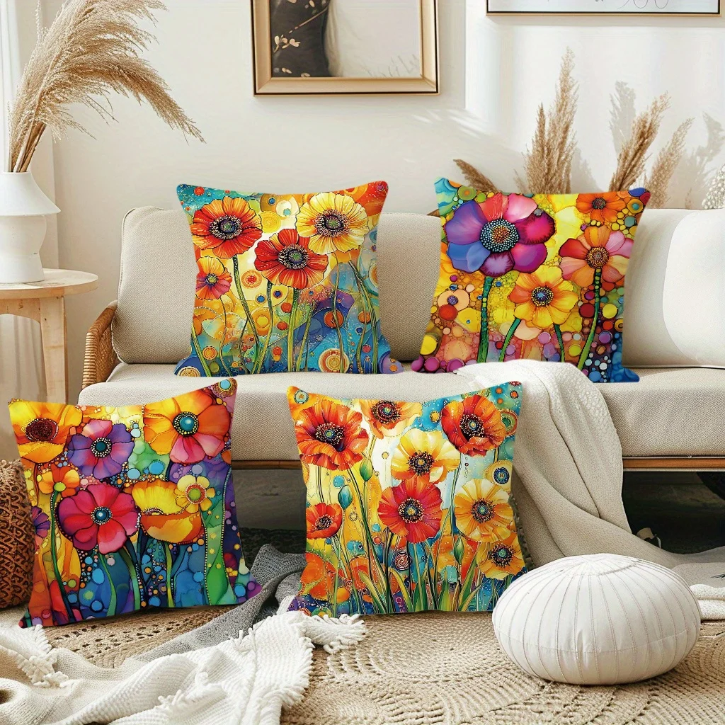4pcs Boho Ethnic Abstract Floral Throw Pillow Covers 18x18 Inch, Soft Short Plush Polyester Cushion Covers with Zipper Closure,