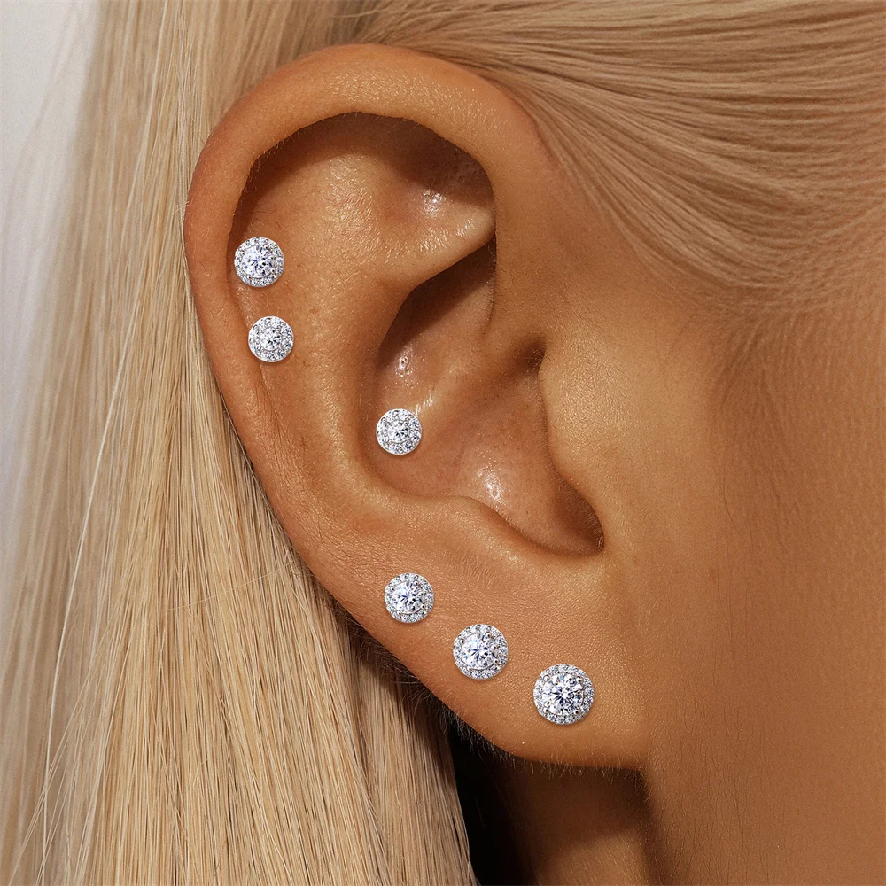 ROXI 925 Sterling Silver Moissanite Round Earring 2/3/4mm Stud Earrings For Women Flat Head Party Engagement Jewelry