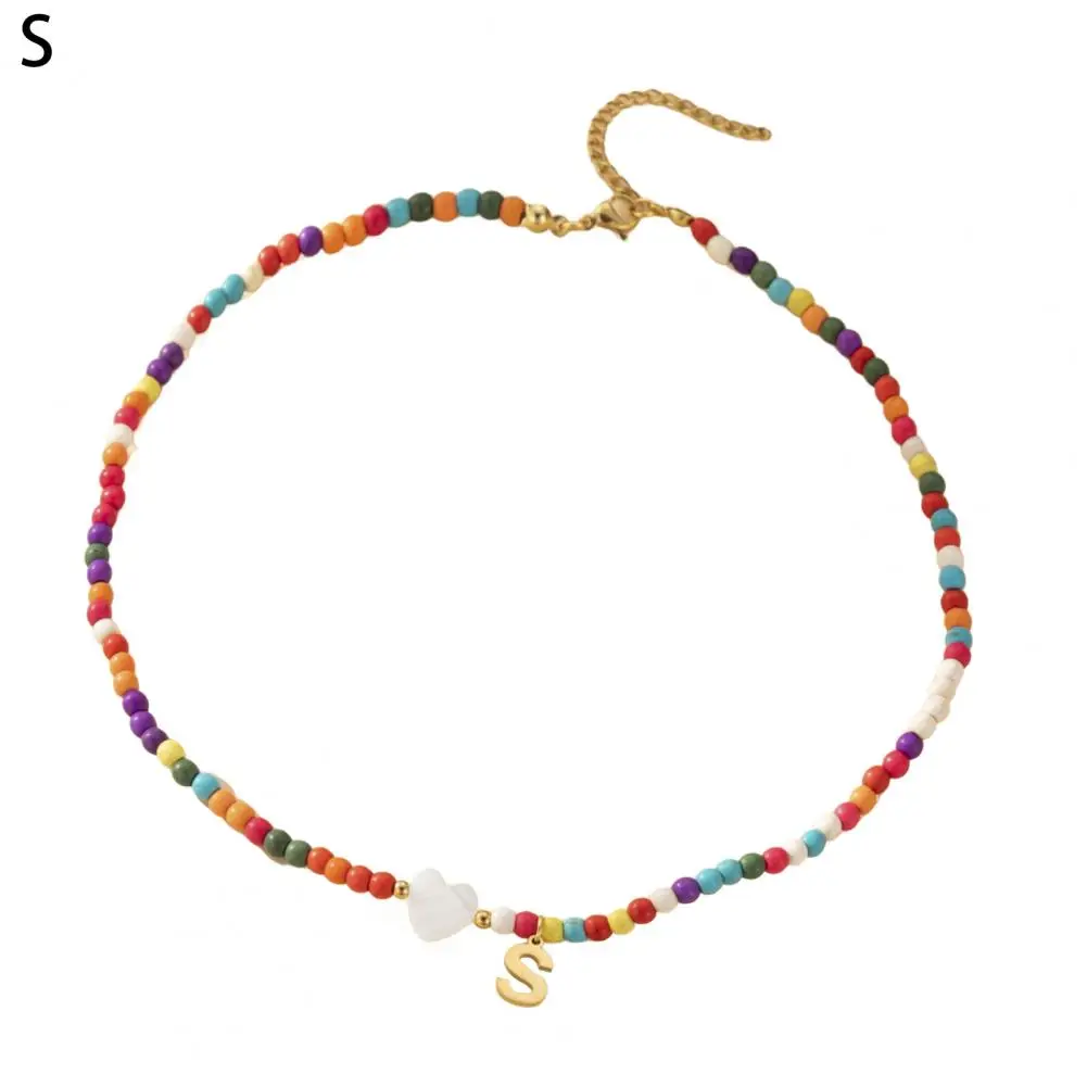 Non-irritating Necklace Bohemian Style Colorful Beads Necklace with Letter Pendant Heart Decor Adjustable Length for Women