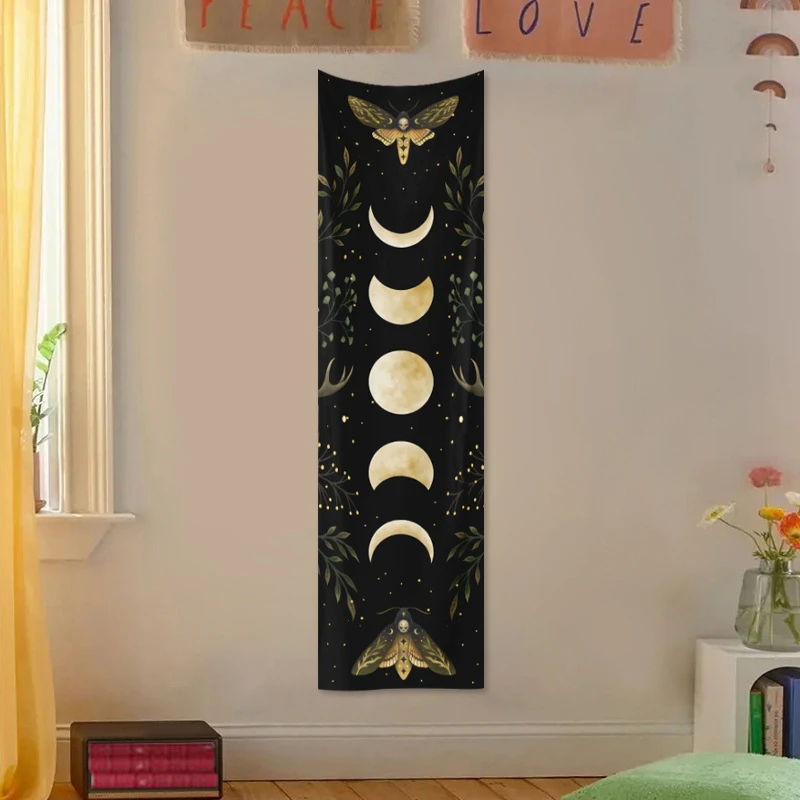 VIKAMA Vertical Stripe Moon Phase Moth Celestial Tapestry Dark Mysterious Boho Bedroom Dorm Home Wall Hanging Decor